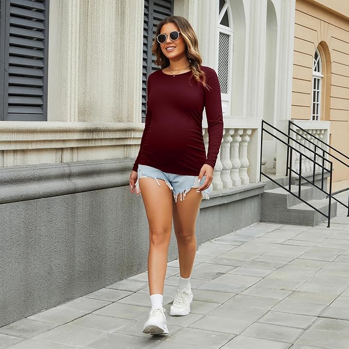 Bhome Women's Maternity Shirts 3 Packs Long Sleeve Pregnancy Tops Basic Side - Image 4