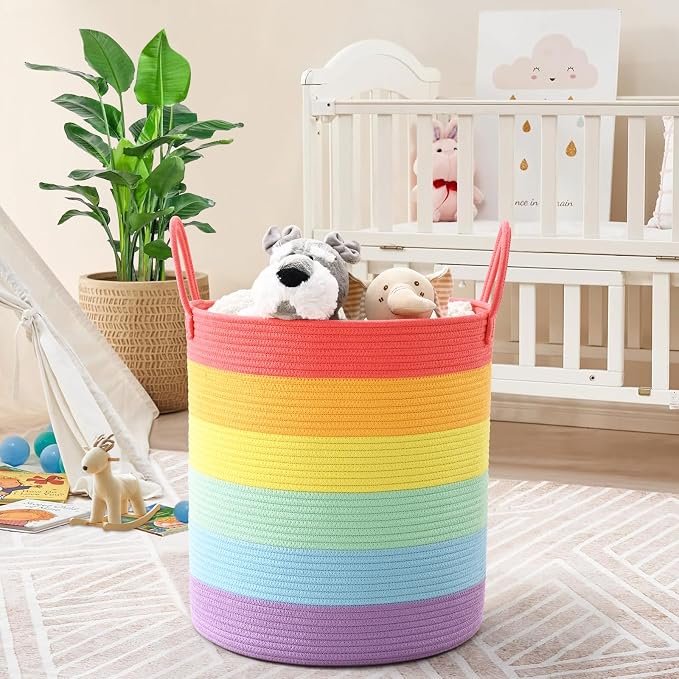 52L Rainbow Storage Basket for Organizing, Cotton Rope Woven Blanket Basket - Image 2