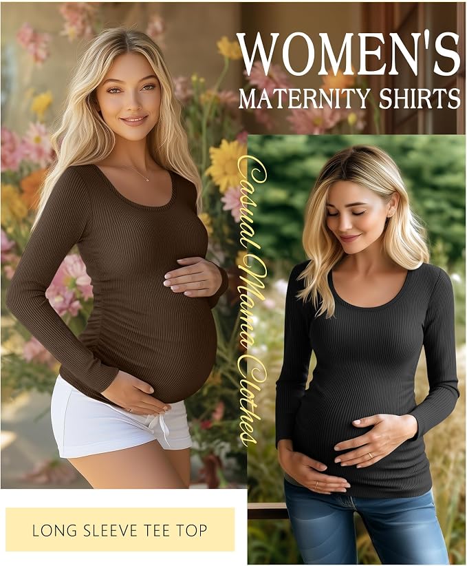Riyiper 4 Pack Women's Maternity Shirts, Long Sleeve Cotton Ribbed Pregnancy - Image 3