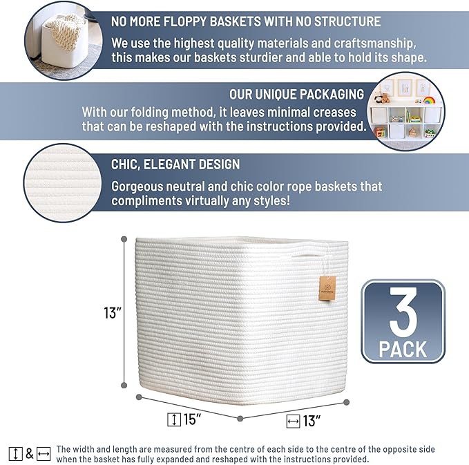 NaturalCozy 13x15x13 Kallax Storage Cubes, 3 Pack | Cotton Rope Cube Storage - Image 2
