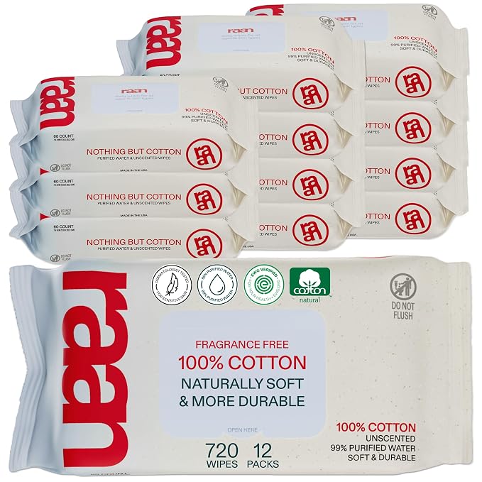 Raan, 100% Cotton Baby & Toddler Wipes, Unbleached, 99% Purified Water by Raan