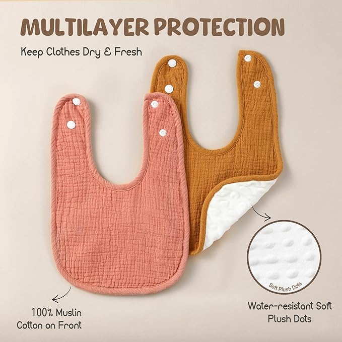 6-Pack Muslin Baby Bibs for Unisex Boys Girls, Cotton Baby Drool Bibs, Drooling - Image 2