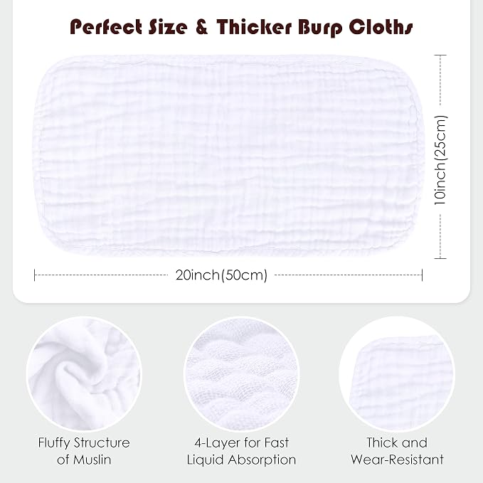 Muslin Burp Cloths 100% Cotton Large 20''x10'' Extra Soft and Absorbent Baby - Image 4