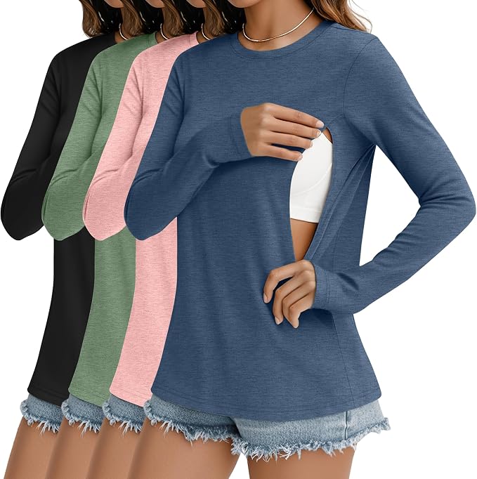 4 Pack Women's Nursing Breastfeeding Tops, Long Sleeve Maternity Shirts Loose by Sweetyweee