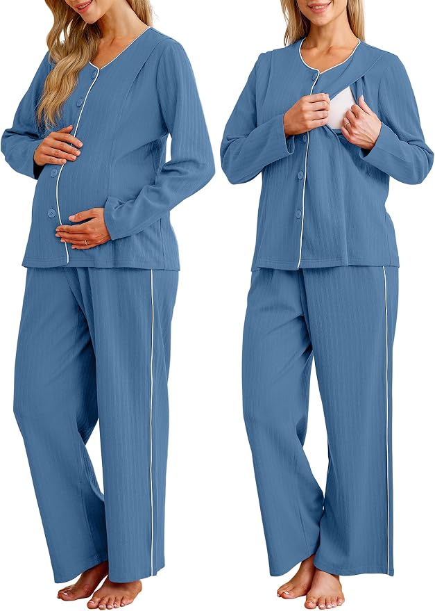 OUGES 100% Cotton Women's Maternity Nursing Pajamas Sets Button Down by OUGES