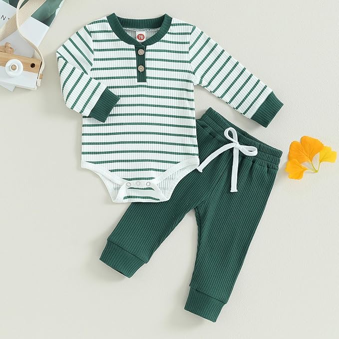 Newborn Baby Boy Girl Clothes Ribbed Knitted Long Sleeve Romper Pants Solid - Image 2