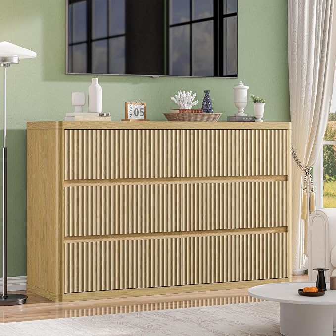 Natural 6 Drawers Dresser for Bedroom, Handleless, Modern Fluted Dresser TV - Image 6