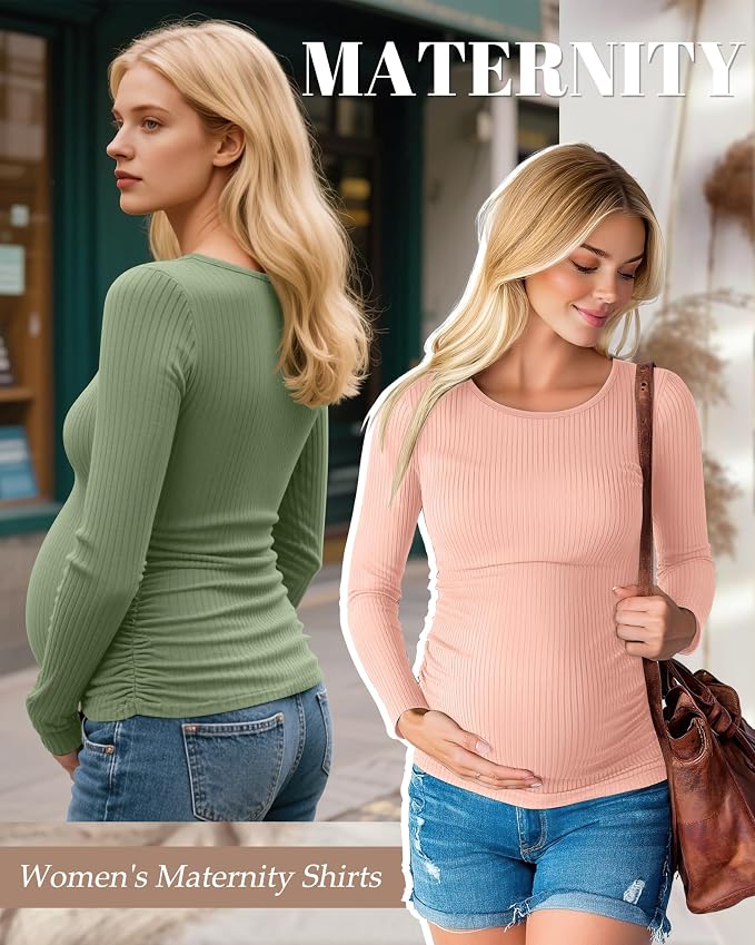 Huukeay 4 Pack Women's Maternity Shirts, Long Sleeve Cotton Ribbed Pregnancy - Image 2