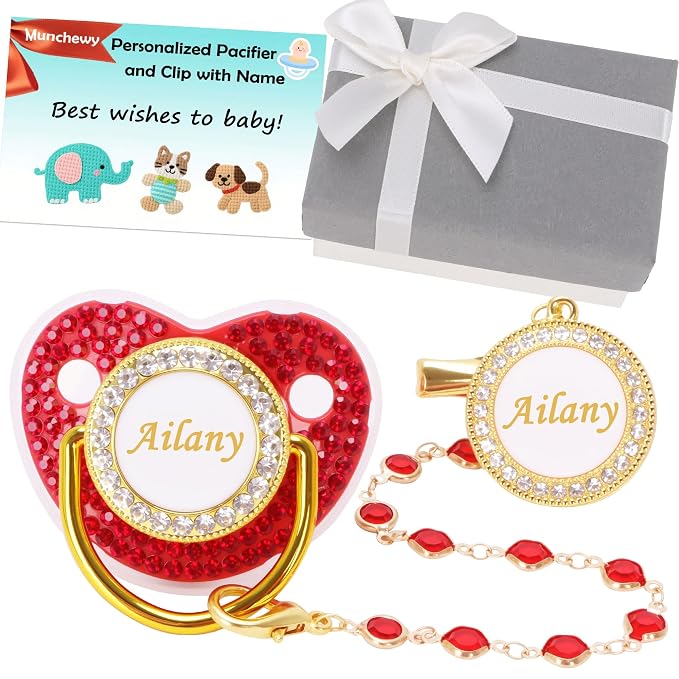 Customized Pacifier with Name, Bling Personalized Pacifier Clip Set with Gift by Munchewy