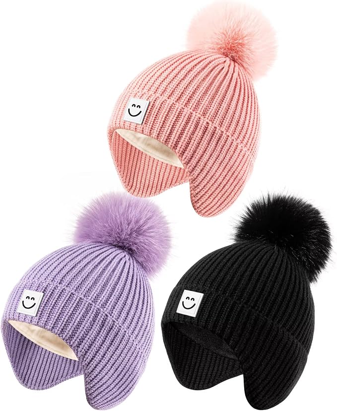 3 Pack Baby Winter Hats with Earflaps, 2 Size Kids Pom Pom Beanie by Alepo