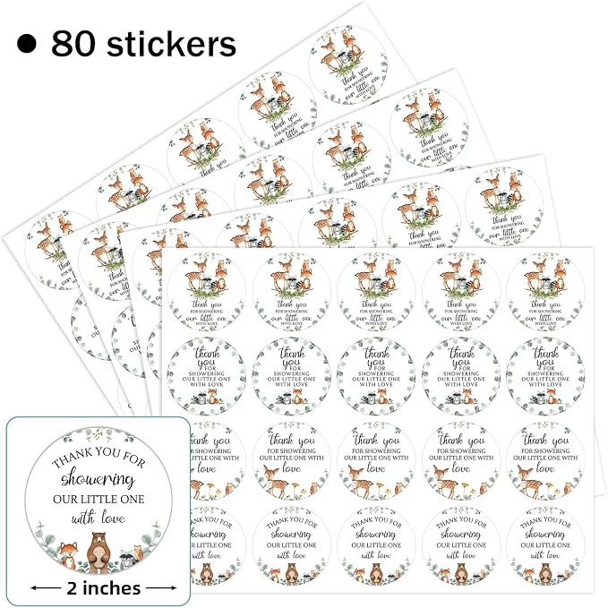 80 Pieces Cute Woodland Creature Thank You Stickers, Baby Shower Birthday Party - Image 2