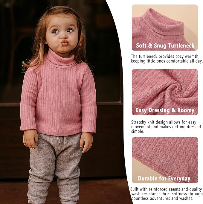 DEFAHN 2 Pack Toddler Unisex Solid Turtleneck T-Shirt Long Sleeve Ribbed - Image 2