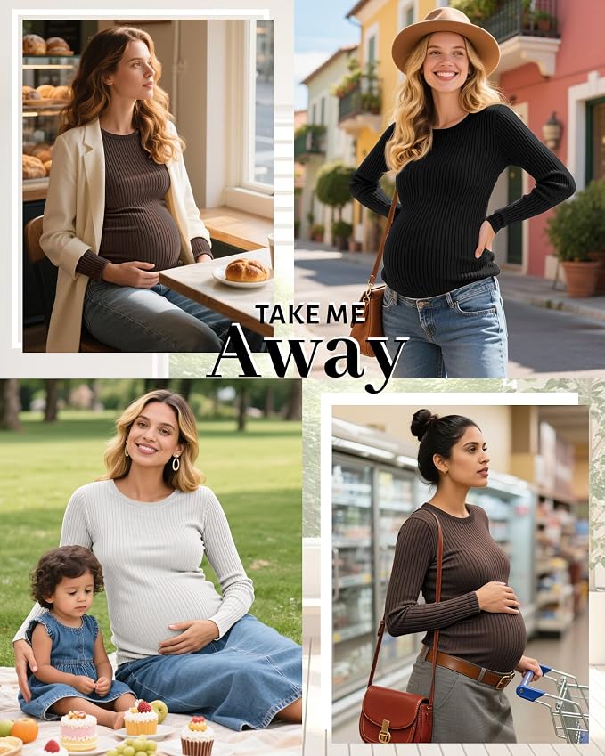 Riyiper 3 Pack Women's Maternity Shirts Long Sleeve Ribbed Knit Pregnancy Tees - Image 5