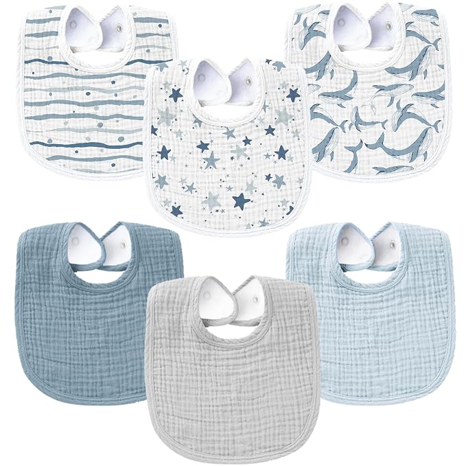 Konssy 6-Pack Muslin Baby Bibs for Boys & Girls, Soft Cotton Absorbent Bandana by Konssy