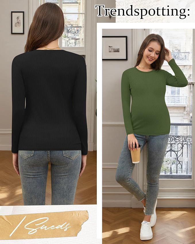 Riyiper 3 Pack Women's Maternity Shirts Long Sleeve Ribbed Knit Pregnancy Tees - Image 4
