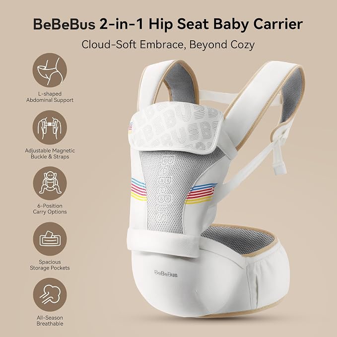 Baby Carrier with Hip Seat, BeBeBus 2-in-1 Ergonomic Newborn to Toddler Carrier - Image 2