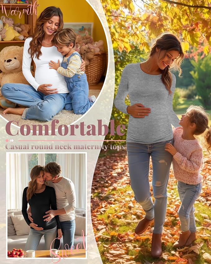 Ficerd 3 Pack Women's Maternity Shirts, Long Sleeve Side Ruched Pregnancy Tee - Image 4
