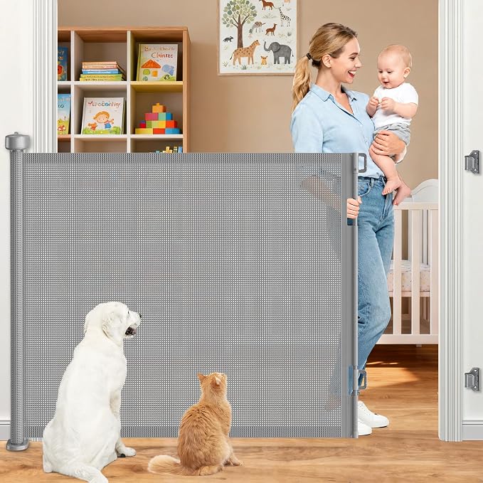 71 Inch Retractable Baby Gates Extra Wide, 41 Inch Reinforced Extra Tall Mesh by EZIGO