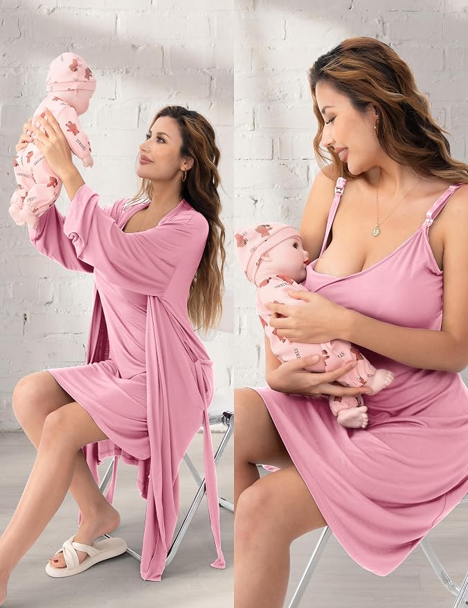 SUNNYBUY Women's Nursing Nightgown Maternity Robe Set, 3 in 1 Labor Delivery - Image 2