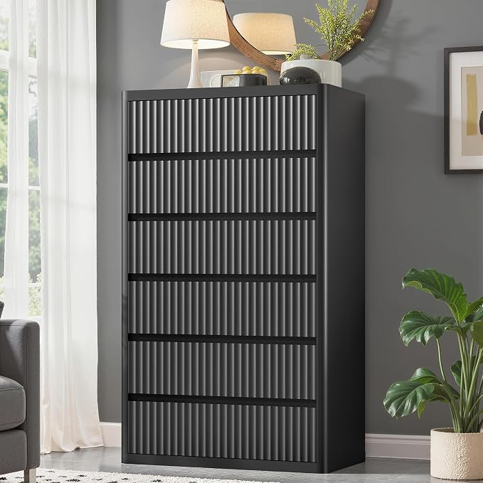 Black 56" Tall Dresser for Bedroom, Fluted Modern 6 Drawers Deep Dressers by StandifurnoFurniture