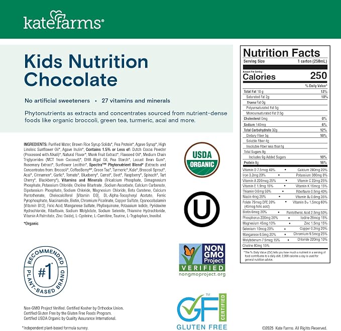 KATE FARMS Organic Kids Nutrition Chocolate Shake, 8g Protein, 27 Vitamins and - Image 6