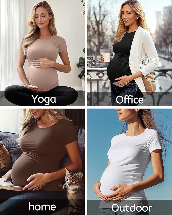 Huukeay 4 Pack Women's Maternity Shirts, Crew Neck Maternity Top Short Sleeve - Image 6