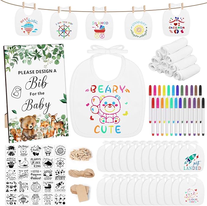 Baby Shower Game Sign Blank Bib DIY Set Newborn Essentials Stuff by Pydeeirom
