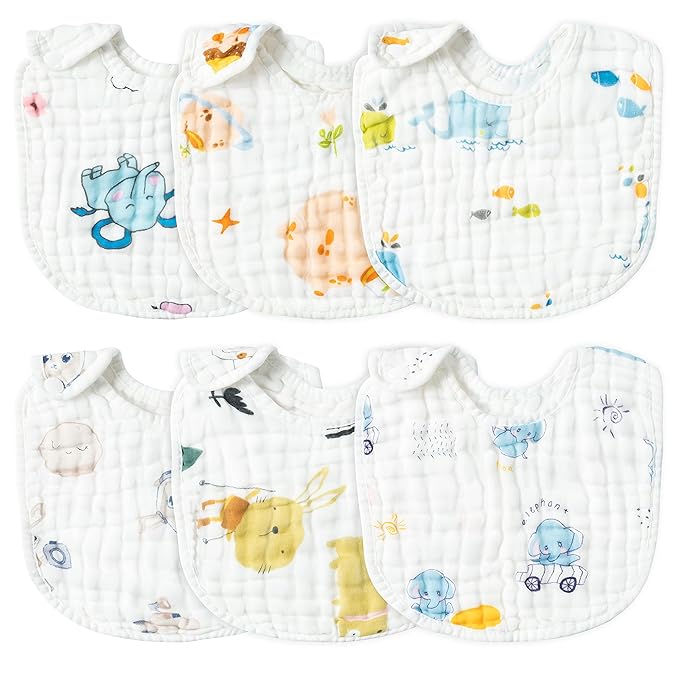 Zainpe 6Pcs Snap Muslin Cotton Baby Bibs Elephant Whale Rabbit Pattern Feeding by Zainpe