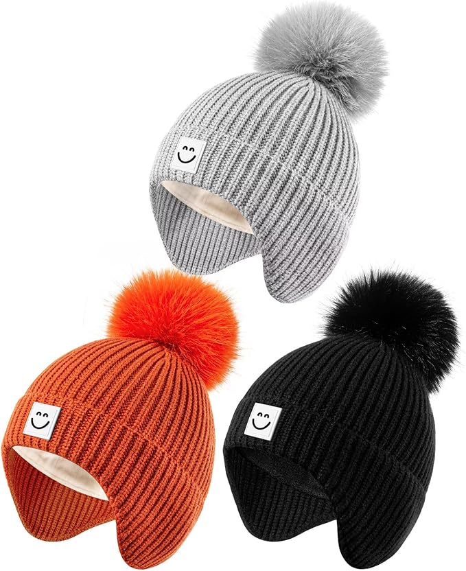 3 Pack Baby Winter Hats with Earflaps, 2 Size Kids Pom Pom Beanie by Alepo