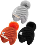 3 Pack Baby Winter Hats with Earflaps, 2 Size Kids Pom Pom Beanie by Alepo