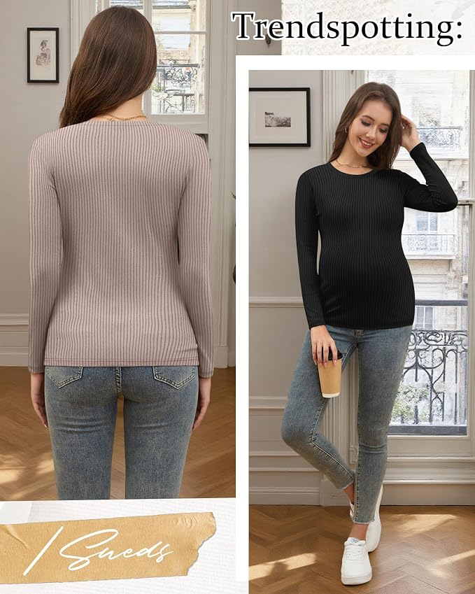 Riyiper 3 Pack Women's Maternity Shirts Long Sleeve Ribbed Knit Pregnancy Tees - Image 4