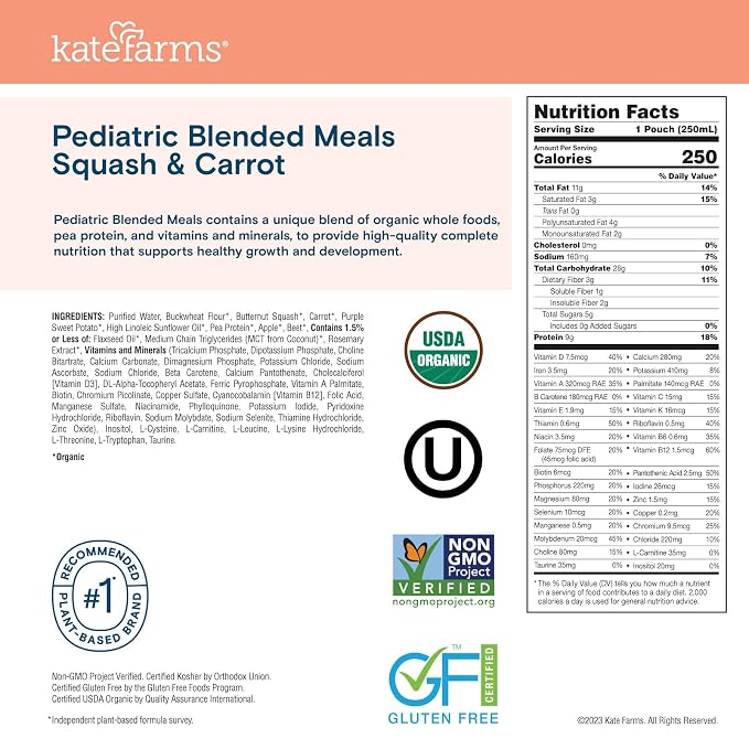 KATE FARMS Organic Pediatric Blended Meal, Squash and Carrot, 8g protein - Image 2