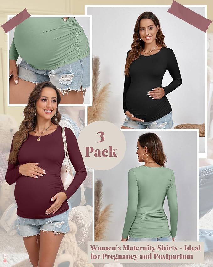 Ficerd 3 Pack Women's Maternity Shirts, Long Sleeve Side Ruched Pregnancy Tee - Image 3