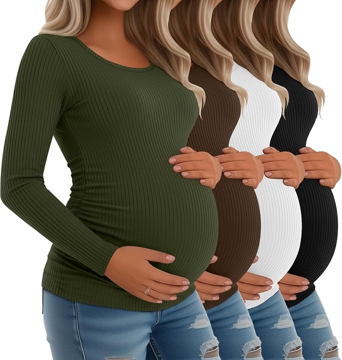 Riyiper 4 Pack Women's Maternity Shirts, Long Sleeve Cotton Ribbed Pregnancy by Riyiper