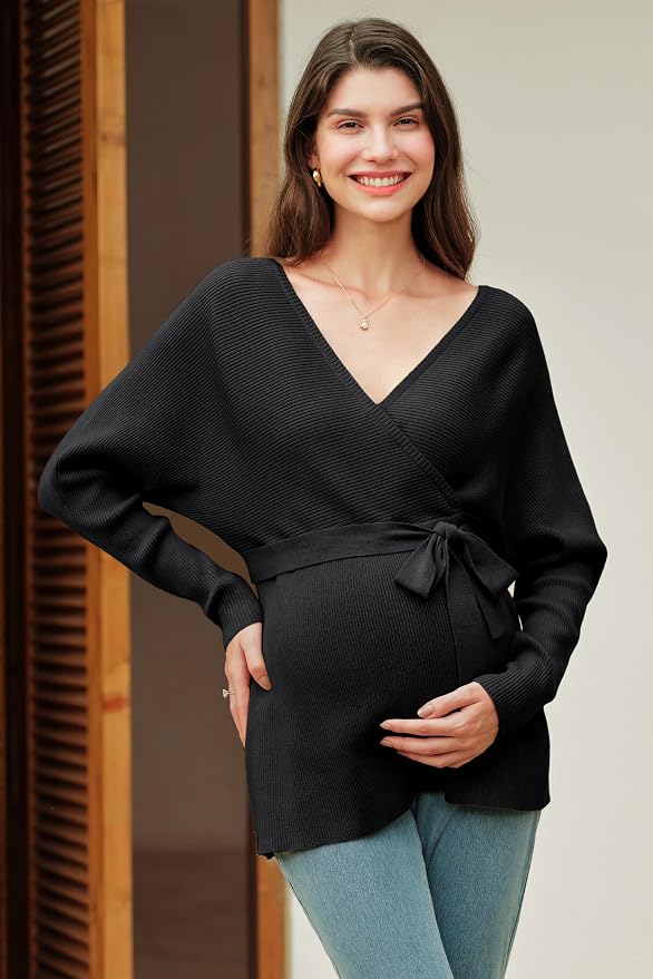 OUGES Womens Soft Cotton Blend Maternity Sweater Wrap V Neck Long Sleeve V Back - Image 5