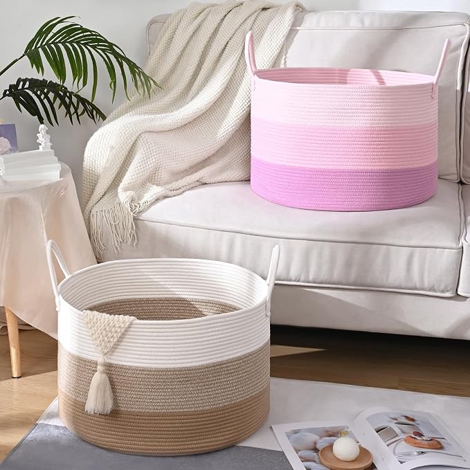 67L Rainbow Storage Basket for Organizing, Cotton Rope Woven Blanket Basket - Image 4