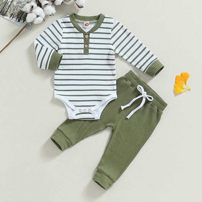 Newborn Baby Boy Girl Clothes Ribbed Knitted Long Sleeve Romper Pants Solid - Image 2