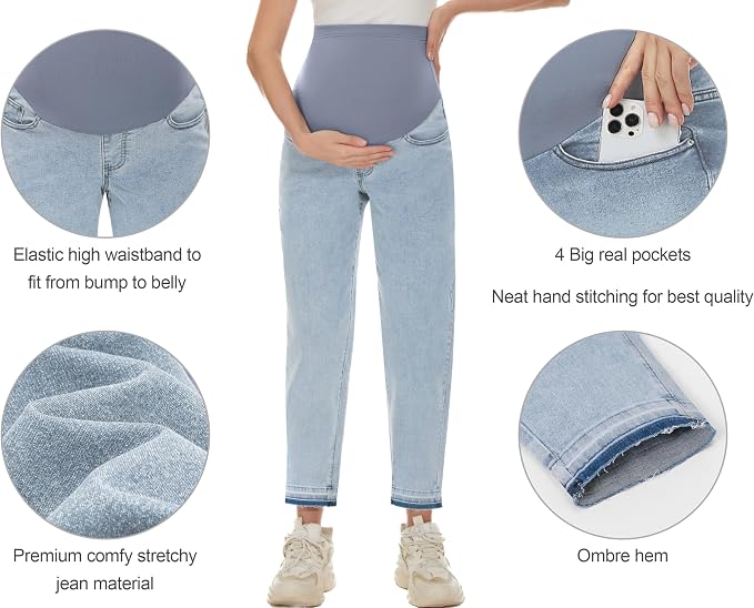 POSHGLAM Women's Maternity Jeans Over Belly Comfy Stretch 28'' Boyfriend Jeans - Image 2