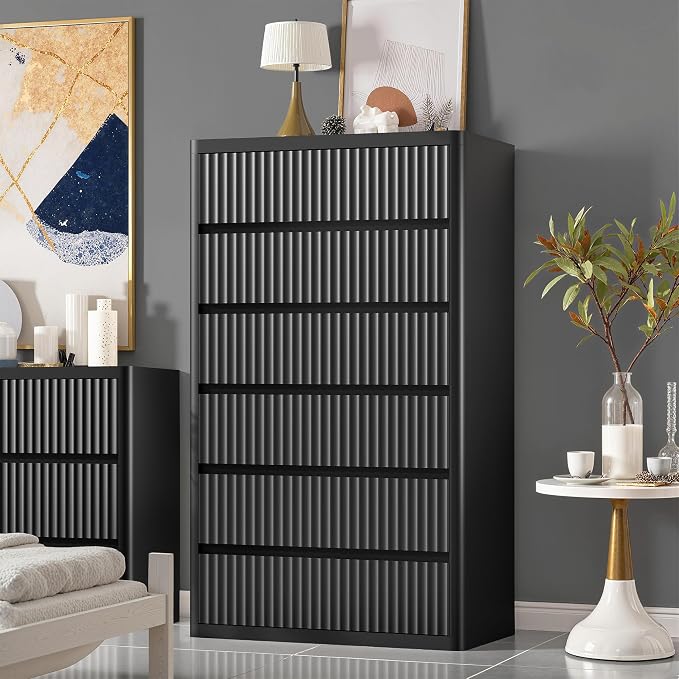 Black 56" Tall Dresser for Bedroom, Fluted Modern 6 Drawers Deep Dressers - Image 5