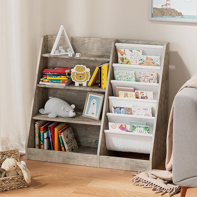 4 Tier Kids Bookshelf Wooden, Five Layer Sling Children Bookcase, Baby Toddler - Image 2