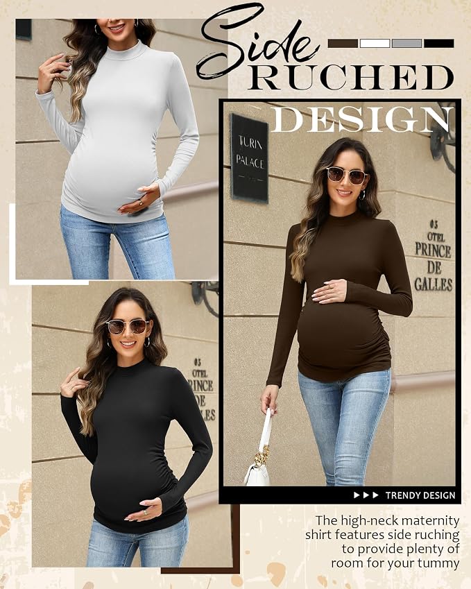 4 Packs Womens Maternity Shirts Long Sleeve Cotton Ribbed Pregnancy Mock Neck - Image 5