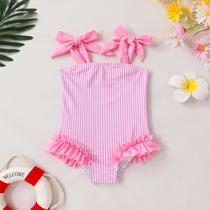 Happy Town Toddler Swimsuit Girl Solid Color Stripe One-Piece Baby Bathing Suits - Image 2
