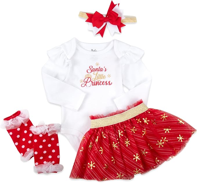 Baby Girl Holiday Outfit 4-Piece Set – Long Sleeve Bodysuit, Tutu Skirt & - Image 6