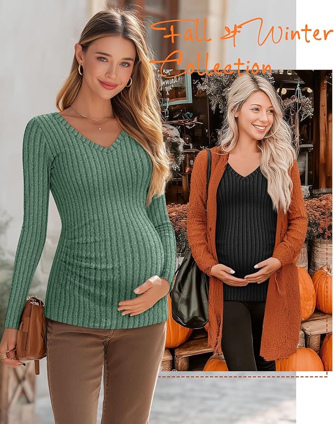 Ficerd 3 Pack Women's Maternity Shirts Ribbed Long Sleeve Pregnancy Tops V Neck - Image 5