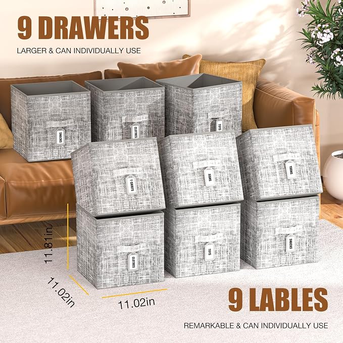 9 Cube Closet Organizer with Beautiful Printed Drawers + Labels, Storage Shelf - Image 3