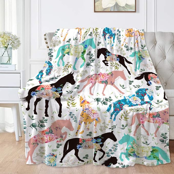 Colorful Floral Horse Throw Blanket by AUSMART