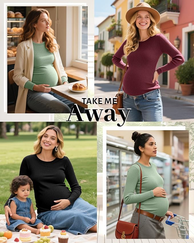 Riyiper 3 Pack Women's Maternity Shirts Long Sleeve Ribbed Knit Pregnancy Tees - Image 5