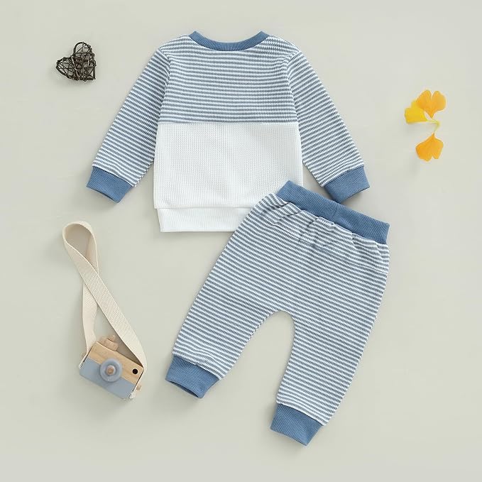 Toddler Baby Boy Fall Clothes Waffle Outfit Long Sleeve Color Blocking - Image 7