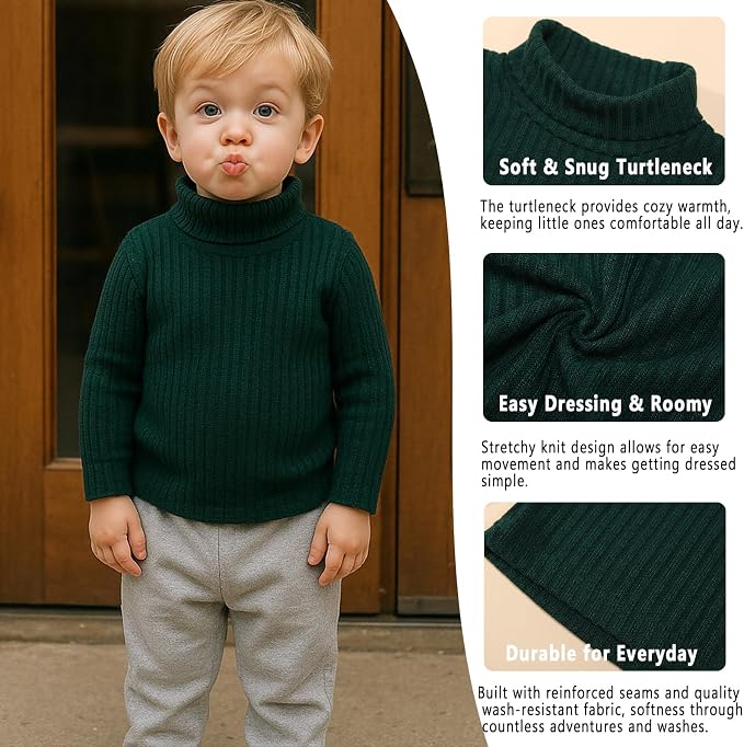 DEFAHN 2 Pack Toddler Unisex Solid Turtleneck T-Shirt Long Sleeve Ribbed - Image 2