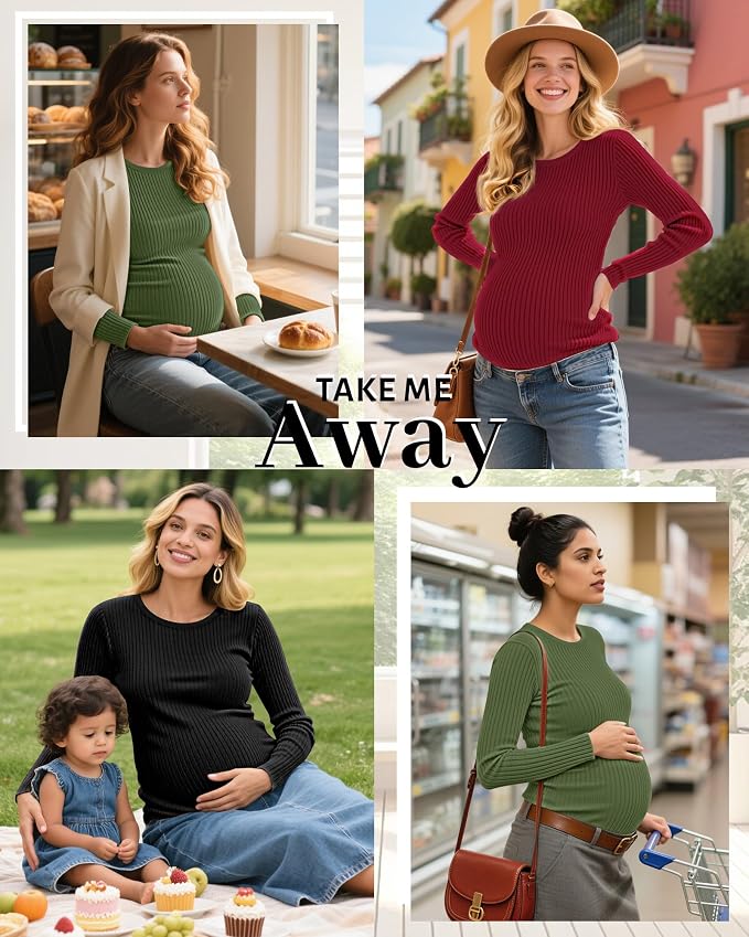 Riyiper 3 Pack Women's Maternity Shirts Long Sleeve Ribbed Knit Pregnancy Tees - Image 5